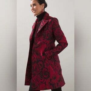 Elegant Chicos Red Jacquard Red & Black Jacket - Size 8 (Chicos Size 1)
